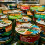 Рыбные консервы оптом для бизнеса: банки «Легенды Ямала» на полке магазина — пыжьян, ряпушка и сырок в томатном соусе